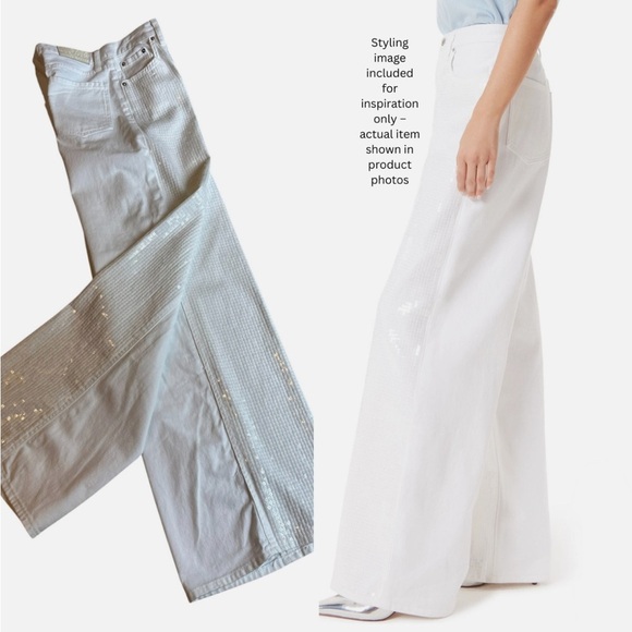 Sam Edelman Denim - NEW 90's Wide Leg Sequins Embroidered White Denim Jeans High Rise 28 MSRP$129
